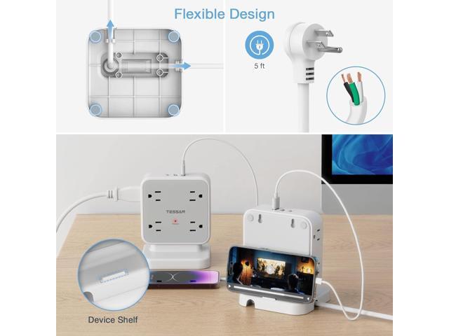 Power Strip Tower Surge Protector, TESSAN 8 AC Outlets with 3 USB (1 USB C Port), 5 FT Flat Plug Extension Cord with 900 Joules Protection, Desk...