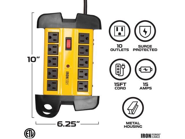 10 Outlet Heavy Duty Surge Protector Power Strip - 14/3 SJT Industrial Black and Yellow Metal Surge Suppressor with 15 Foot Long Extension Cord