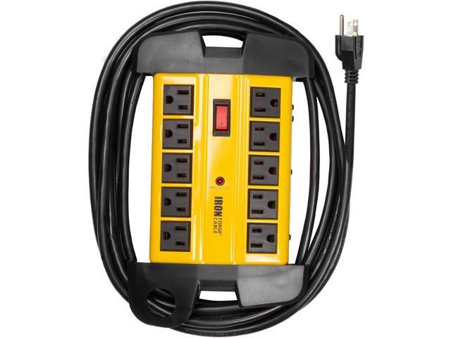 Iron Forge Cable 10 Outlet Heavy Duty Surge Protector Power Strip with Built-in Circuit Breaker, 14/3 SJT Black & Yellow with 15 ft Extension Cord