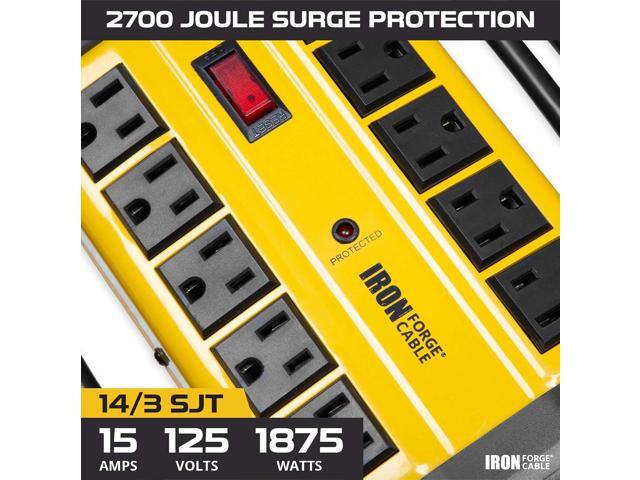 10 Outlet Heavy Duty Surge Protector Power Strip - 14/3 SJT Industrial Black and Yellow Metal Surge Suppressor with 15 Foot Long Extension Cord