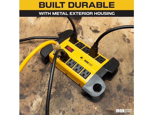 10 Outlet Heavy Duty Surge Protector Power Strip - 14/3 SJT Industrial Black and Yellow Metal Surge Suppressor with 15 Foot Long Extension Cord