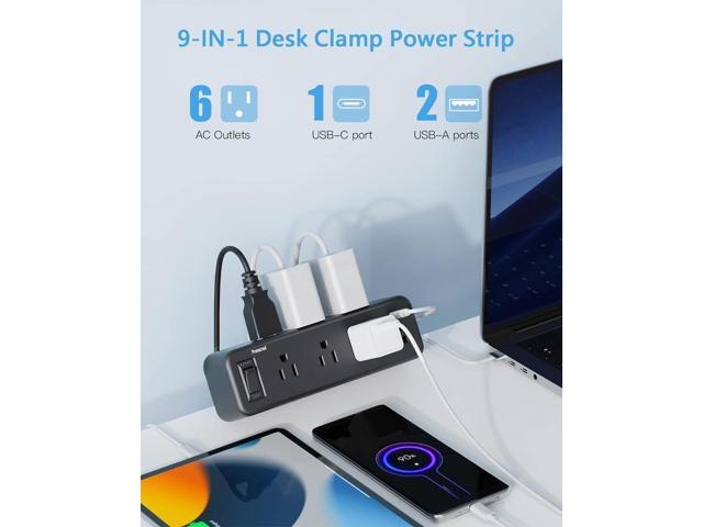 Desk Clamp Power Strip with PD 20W USB C, Desktop Edge Mount Surge Protector with 6 Outlet, Table Edge Socket with Switch, 6 ft Flat Plug Slim...