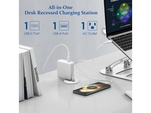 2 inch Desk Power Grommet with PD 20W USB C,Ultra-Flat Plug Power Strip,Recessed Outlet,Desktop Power Grommet for Office PC Desk Cable Cord...