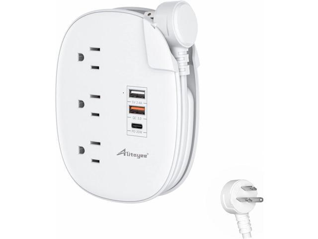 Alitayee 20W USB C Power Strip with 3 Outlets and USB C Fast Charging for iPhone, QC 3.0 Charger, Flat Plug and 3ft Wrapped Around Extension Cord...