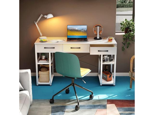 ODK Office Small Computer Desk: Home Table with Fabric Drawers & Storage Shelves, Modern Writing Desk, White, 48'x16'