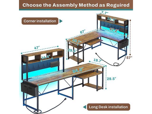 SEDETA L Shaped Computer Desk, Reversible Corner Desk with Power Outlet and Pegboard, Computer Desk with Led Lights, Keyboard Tray, Headphone Hook...