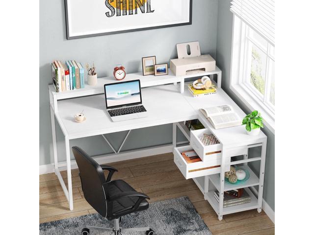 Tribesigns 55-inches Reversible L Shaped Desk with Drawer, Modern White L Corner Desk Home Office Table with Storage Shelves and Monitor Stand,...