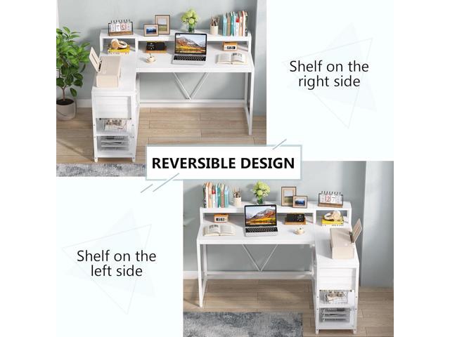 Tribesigns 55-inches Reversible L Shaped Desk with Drawer, Modern White L Corner Desk Home Office Table with Storage Shelves and Monitor Stand,...