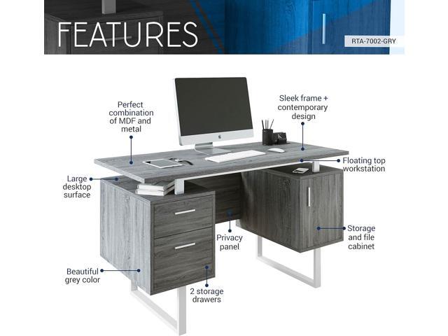 Techni Mobili Modern Office Desk with Storage, Gray