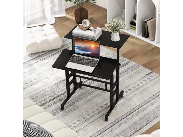 Tangkula Mobile Standing Desk Stand Up Desk, Height Adjustable Computer Desk with Standing & Seating 2 Modes, Tilting Tabletop & Flexible Wheels,...