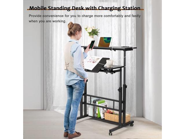 Hadulcet Stand Up Desk, Rolling Desk Adjustable Height, Mobile Standing Desk with Wheels & Charging Station, Portable Desk for Laptop, Rolling...