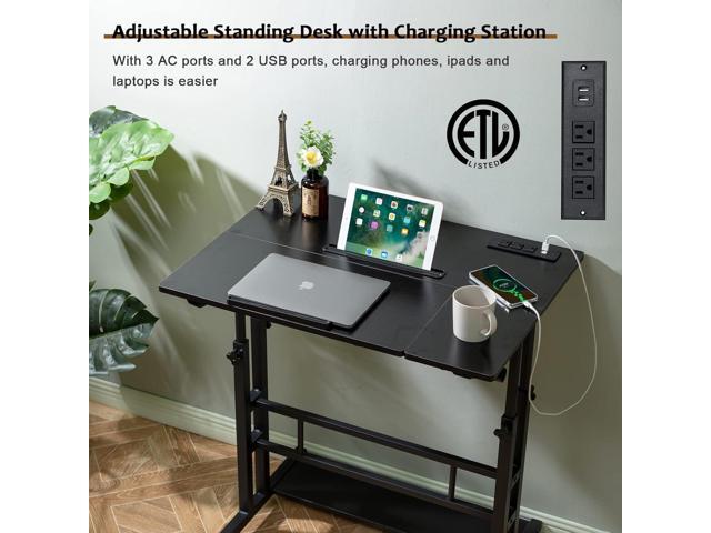 Hadulcet Stand Up Desk, Rolling Desk Adjustable Height, Mobile Standing Desk with Wheels & Charging Station, Portable Desk for Laptop, Rolling...