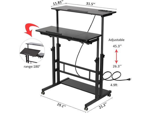 Hadulcet Stand Up Desk, Rolling Desk Adjustable Height, Mobile Standing Desk with Wheels & Charging Station, Portable Desk for Laptop, Rolling...