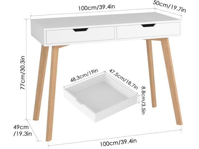 FOTOSOK White Computer Writing Desk with 2 Drawers, Small Desk Makeup Vanity Table Wood Desk with 4 Oak Legs, Modern Home Office Desk Console Study...