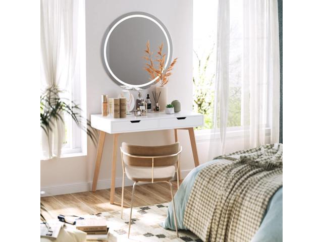 FOTOSOK White Computer Writing Desk with 2 Drawers, Small Desk Makeup Vanity Table Wood Desk with 4 Oak Legs, Modern Home Office Desk Console Study...