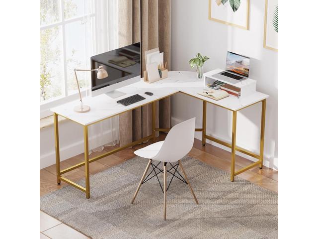 Weehom L Shaped Computer Desk with Monitor Stand, Reversible Corner Desk for Home Office, Modern PC Workstation Study Writing Table(White and Gold)