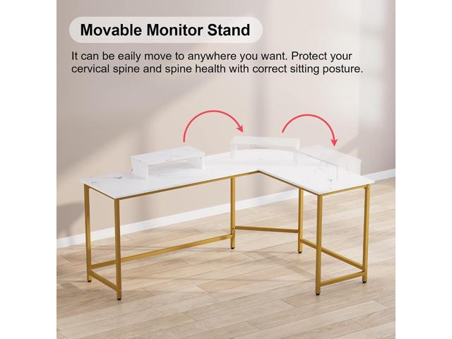 Weehom L Shaped Computer Desk with Monitor Stand, Reversible Corner Desk for Home Office, Modern PC Workstation Study Writing Table(White and Gold)