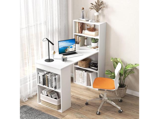 48 Inch Computer Desk with Bookshelf, Reversible Study Writing Desk with Storage Shelves & CPU Stand, Compact Office Desks & Workstations, White...