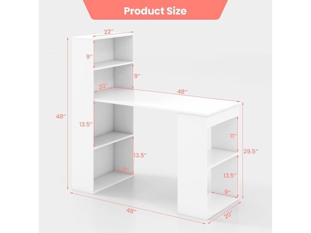 48 Inch Computer Desk with Bookshelf, Reversible Study Writing Desk with Storage Shelves & CPU Stand, Compact Office Desks & Workstations, White...