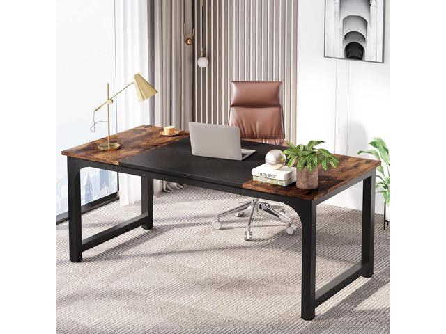 LITTLE TREE 63 Inch Large Executive Computer Office Desk, Brown+Black