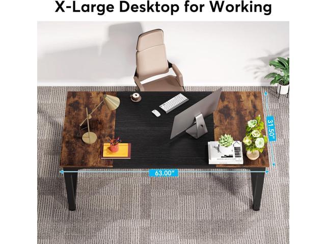 LITTLE TREE 63 Inch Large Executive Computer Office Desk, Brown+Black