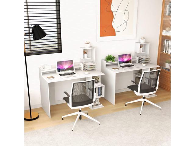 Tangkula White Desk with Storage Bookshelf & Hutch, 48 Modern Home Office Desk with 8 Storage Shelves, Space Saving Writing Study Desk for Bedroom,...