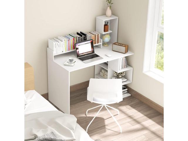 Tangkula White Desk with Storage Bookshelf & Hutch, 48 Modern Home Office Desk with 8 Storage Shelves, Space Saving Writing Study Desk for Bedroom,...