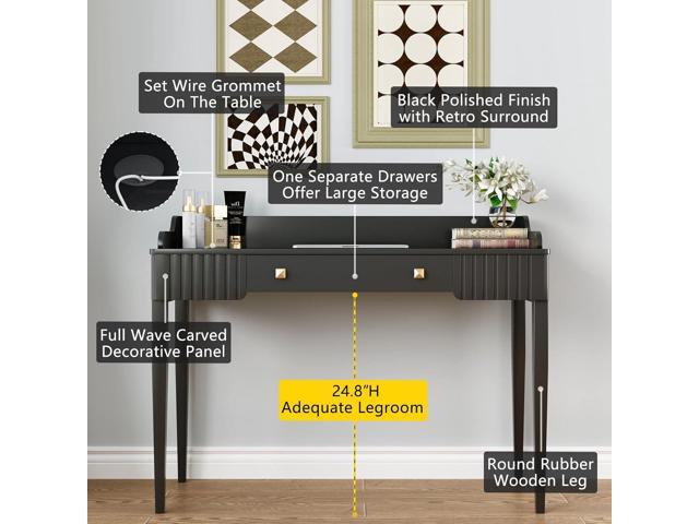 ukorua Black Vanity Desk Wooden Desk with Drawer Modern Desk Computer Desk White Makeup Table with Gold Handle