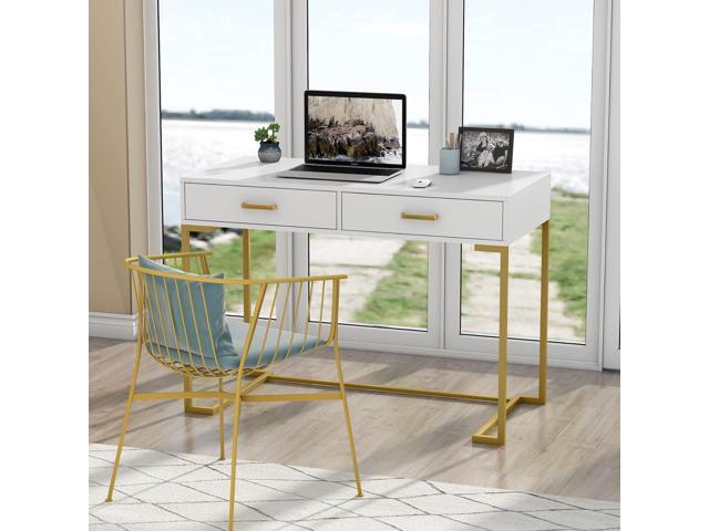 Tribesigns 40 Inch Computer Desk, White and Gold Desk with 2 Drawers, Modern Simple Home Office Desk, Gold Writing Desk Study Table for Bedroom,...