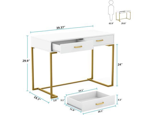 Tribesigns 40 Inch Computer Desk, White and Gold Desk with 2 Drawers, Modern Simple Home Office Desk, Gold Writing Desk Study Table for Bedroom,...