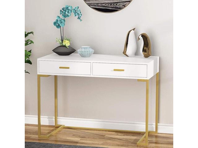 Tribesigns 40 Inch Computer Desk, White and Gold Desk with 2 Drawers, Modern Simple Home Office Desk, Gold Writing Desk Study Table for Bedroom,...