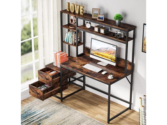 Tribesigns 55 Inch Computer Desk with 2 Drawers and Storage Shelves, Rustic Office Desk with Hutch, Study Writing Gaming Table Laptop Workstation...