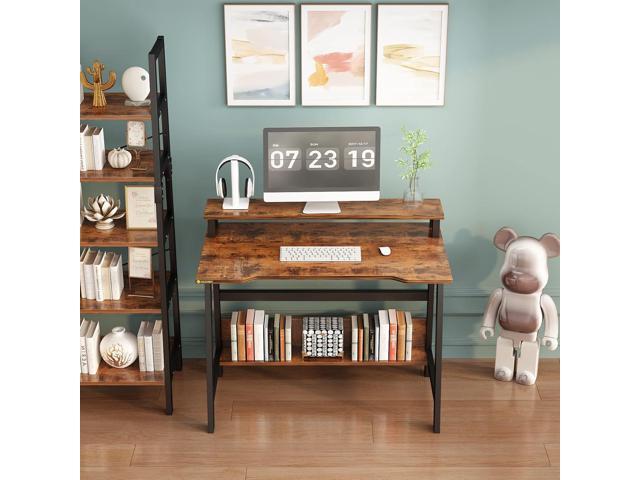 YQ JENMW Small Computer Desk for Small Spaces - 33.5' Inch Modern Writing Table with Monitor Storage Shelf for Home Office and Study, Compact...