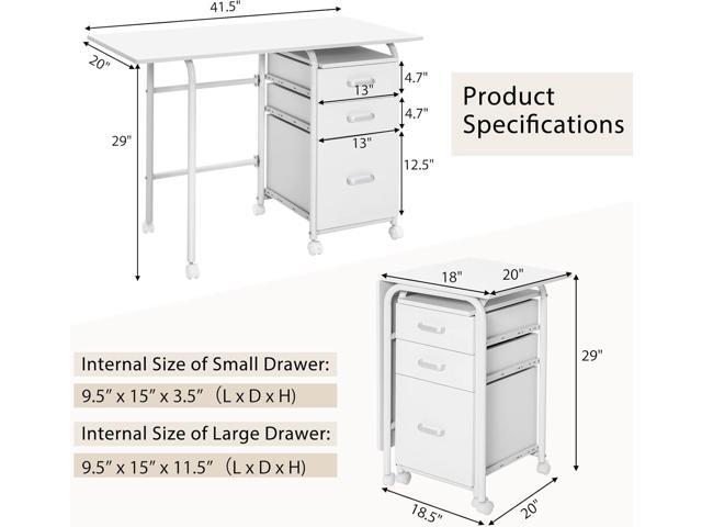 Tangkula White Folding Desk with 3 Drawers, Mobile Home Office Desk Study Writing Desk with Smooth Wheels, Space Saving Compact Table for Dorm...