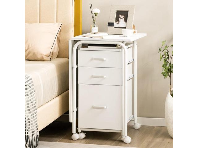 Tangkula White Folding Desk with 3 Drawers, Mobile Home Office Desk Study Writing Desk with Smooth Wheels, Space Saving Compact Table for Dorm...