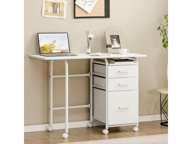 Tangkula White Folding Desk with 3 Drawers, Mobile Home Office Desk Study Writing Desk with Smooth Wheels, Space Saving Compact Table for Dorm...