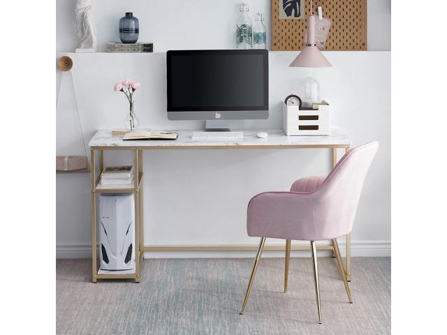 ivinta Computer Desk, Home Office Desk with Storage Shelves for Living Room, Bedroom, Office, Whale-ML55 (White and Gold, 55')