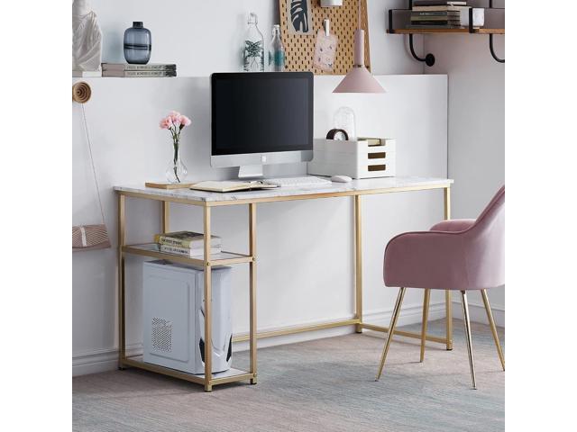 ivinta Computer Desk, Home Office Desk with Storage Shelves for Living Room, Bedroom, Office, Whale-ML55 (White and Gold, 55')