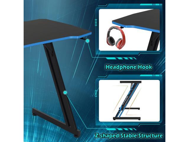 Dkelincs 47 inch Gaming Desk Z-Shaped Computer Desk PC Computer Table Home Office Desk Ergonomic Gamer Workstation with Headphone Hook, Blue