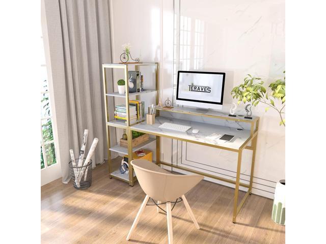 Teraves Computer Desk with 5 Tier Shelves,Reversible Writing Desk with Storage 49 Inch Study Table for Home Office Independent Bookcase and Desk...