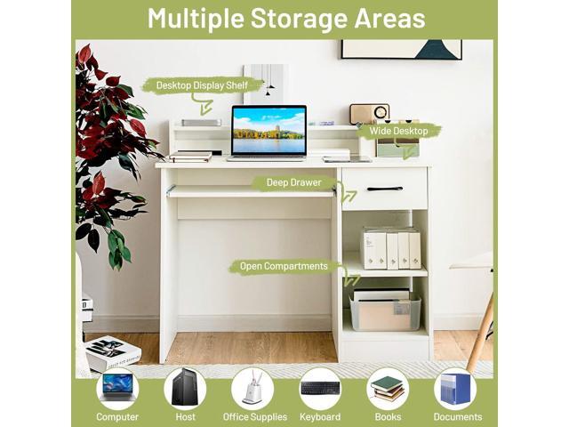 Tangkula White Computer Desk with Keyboard Tray & Drawer, Home Office Wooden PC Laptop Desk, Modern Wood Study Writing Desk with Storage Shelves &...