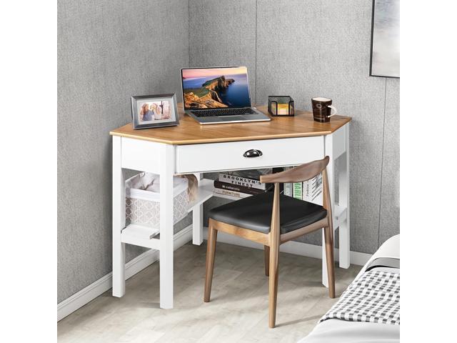 LDAILY Corner Desk for Small Space, Compact Writing Table with Drawer and Shelves, Space Saving Study Modern Workstation, Laptop Corner Computer...