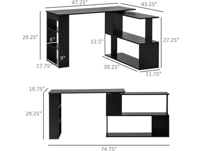 HOMCOM L Shaped Corner Desk, 360 Degree Rotating Home Office Desk with Storage Shelves, Writing Table Workstation, Black