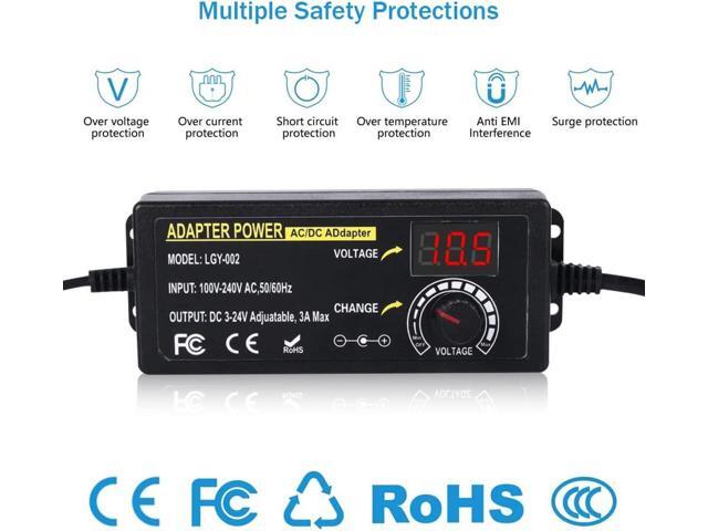 72W Power Supply Adjustable DC 3V ~ 24V Variable Universal Switching AC/DC Adapter 100V-240V AC to DC Converter with LED Voltage Display and 14...