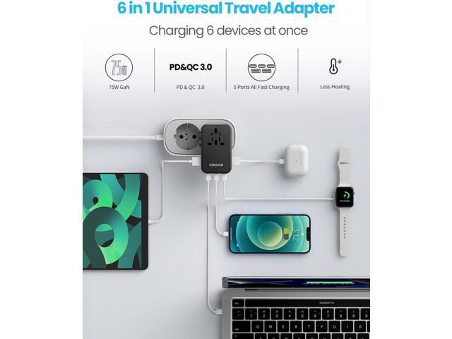 Universal Travel Adapter, VINTAR 75W GaN International Power Adapter with 3 USB C PD and 2 USB A QC, All in One Travel Essentials for...