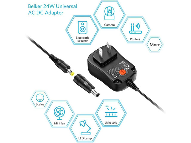 Belker 24W Multi Voltage 3V 4.5V 5V 6V 7.5V 9V 12V Universal AC DC Power Adapter Supply for Household Electronics - Max Amp 2000mA
