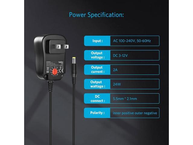Belker 24W Multi Voltage 3V 4.5V 5V 6V 7.5V 9V 12V Universal AC DC Power Adapter Supply for Household Electronics - Max Amp 2000mA