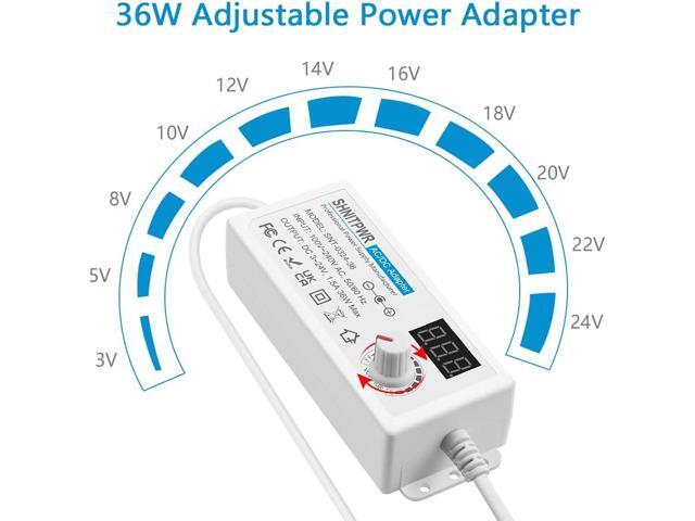 SHNITPWR 36W Universal Power Supply 100-240V AC to DC 3V ~ 24V 1.5A Converter 3V 5V 6V 9V 12V 15V 18V 20V 24V Multi-Voltage Adjustable Power...