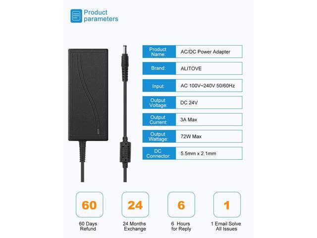 ALITOVE 24V 3A 72W AC to DC Adapter Power Supply Converter AC 100V ~ 240V to DC 24V 3amp Transformer with 5.5x2.1mm DC Output Jack for 5050 3528...