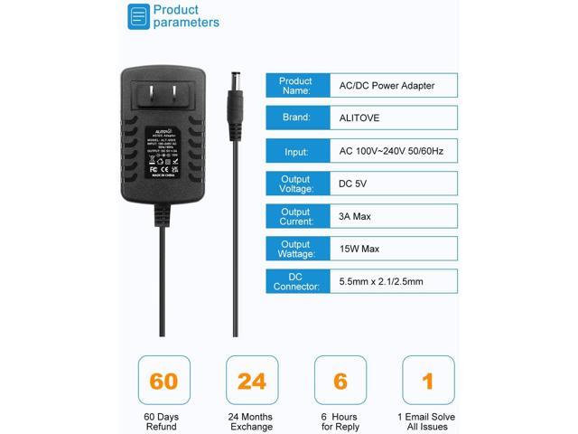 ALITOVE 5V 3A Power Supply Adapter Converter Cord, Pack of 5, 5.5mm x 2.5mm 2.1mm Tip AC 100V~240V to DC 5 Volt 3000mA 2500mA 15W for WS2812B...